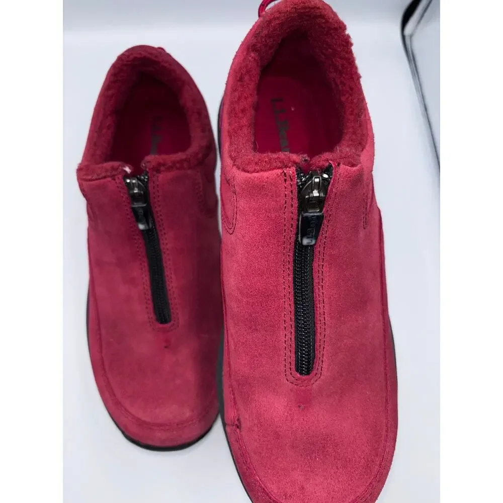 L.L.Bean Athletic Shoes Women's Red Suede Sherpa Lined Zip Slip On 8.5 M